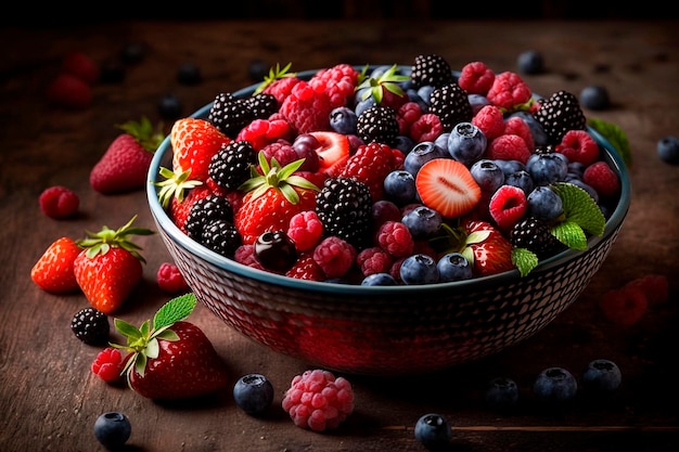 A bowl of fruit on a table with the word fruit on it