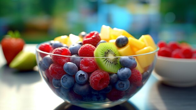 A bowl of fruit on a table