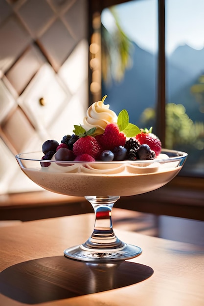 A bowl of fruit topped with whipped cream sits on a table.