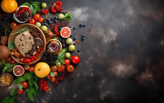 A bowl of fruit and vegetables on a dark background