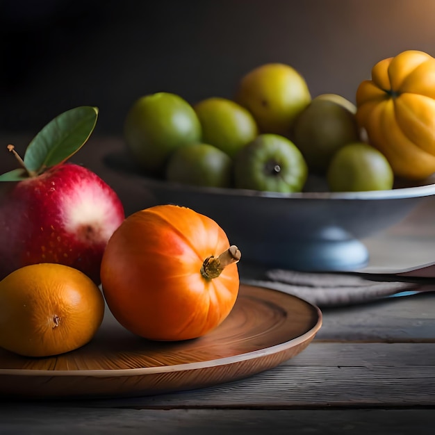 a bowl of fruit and vegetables with a bowl of fruit on the table.