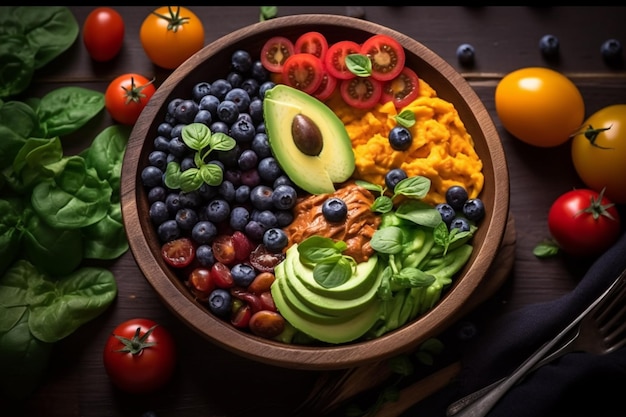 A bowl of fruit and vegetables with the word avocado on the side.