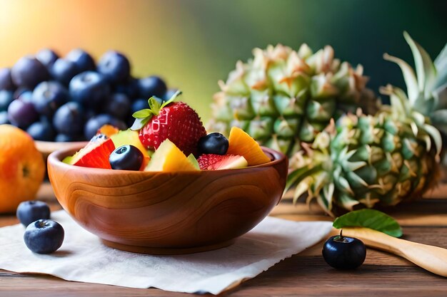 A bowl of fruit with a background of pineapples and pineapples