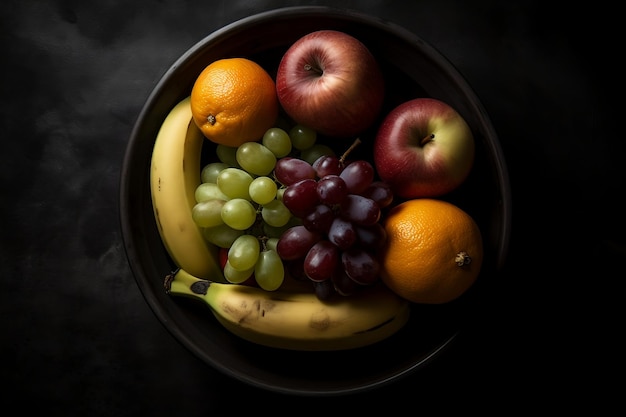 A bowl of fruit with a banana and grapes on it