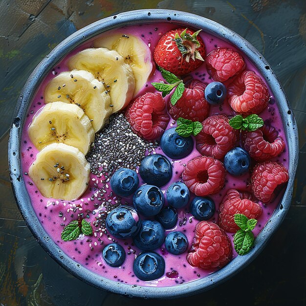 Photo a bowl of fruit with bananas and blueberries on it