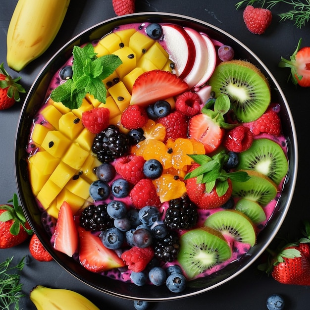 a bowl of fruit with bananas strawberries and bananas