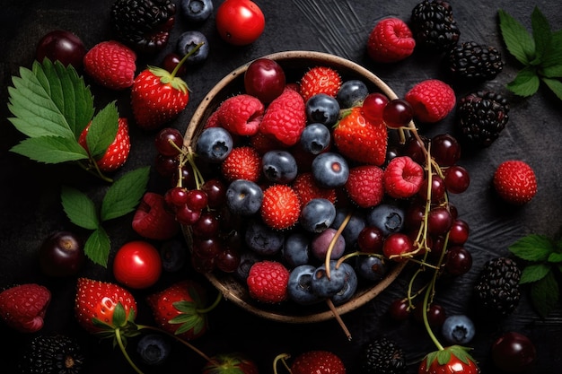 A bowl of fruit with berries on a black background Generative AI