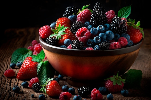 A bowl of fruit with berries on the table