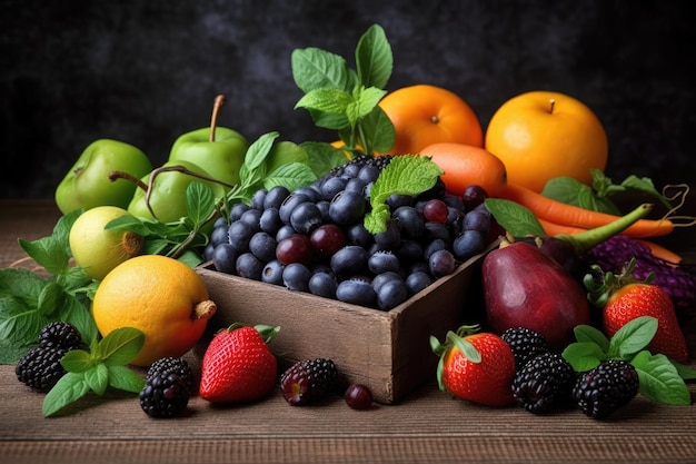 A bowl of fruit with a black background and a green leaf on the top Generative AI