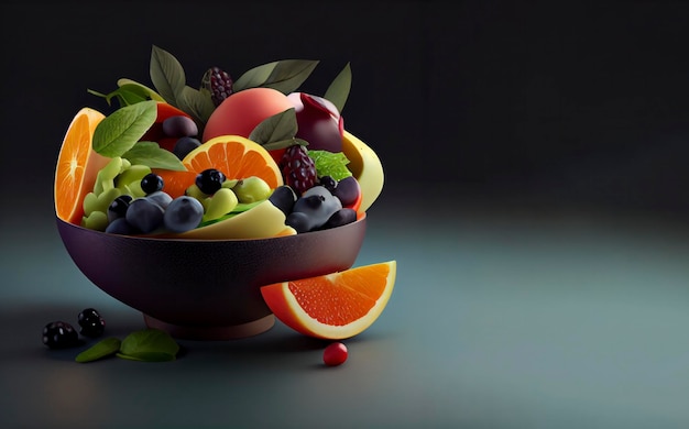 A bowl of fruit with a black background
