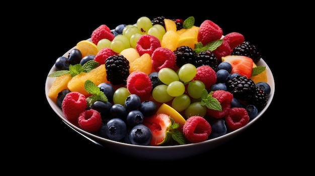 A bowl of fruit with a black background