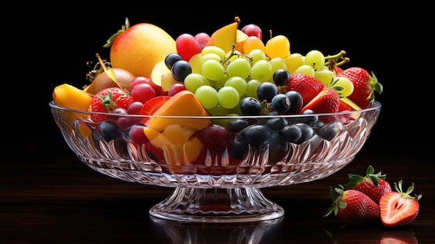 a bowl of fruit with a black background