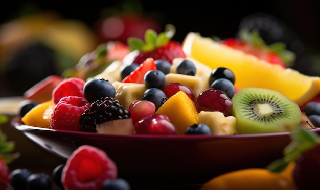 A bowl of fruit with a black background