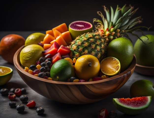 A bowl of fruit with a black background