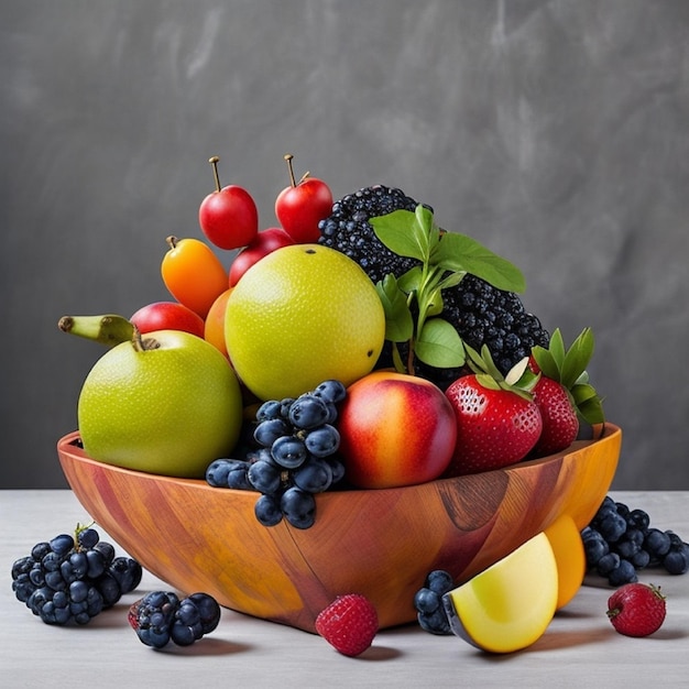 A bowl of fruit with a black and white sign that says fruit