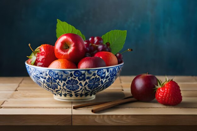 A bowl of fruit with a blue background and a strawberries on the side.