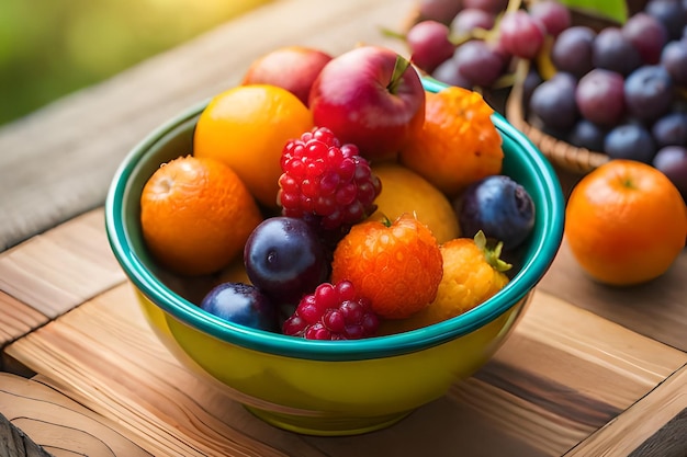 A bowl of fruit with a blue rim and a bunch of grapes in the background.