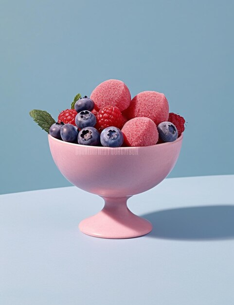 A bowl of fruit with blueberries and raspberries on a blue table.