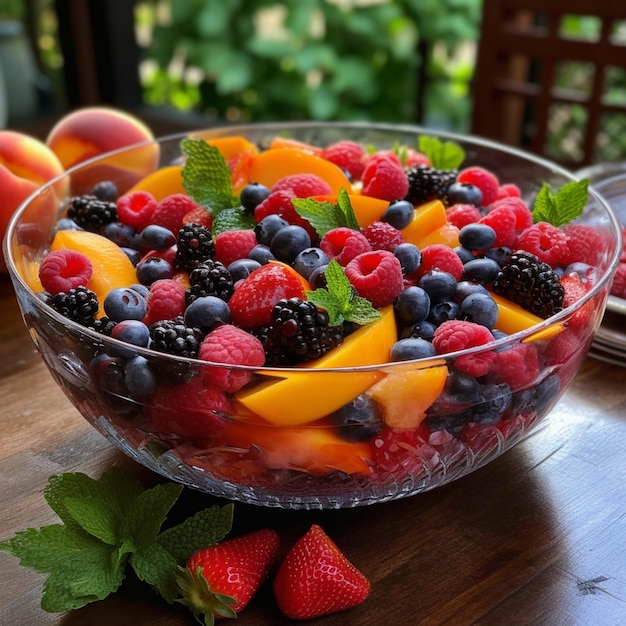 A bowl of fruit with blueberries and raspberries on it