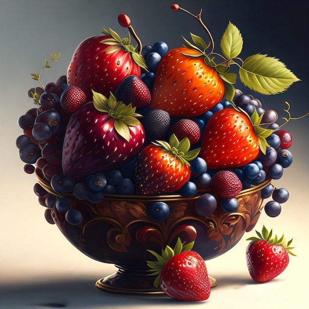 A bowl of fruit with blueberries and strawberries on it.