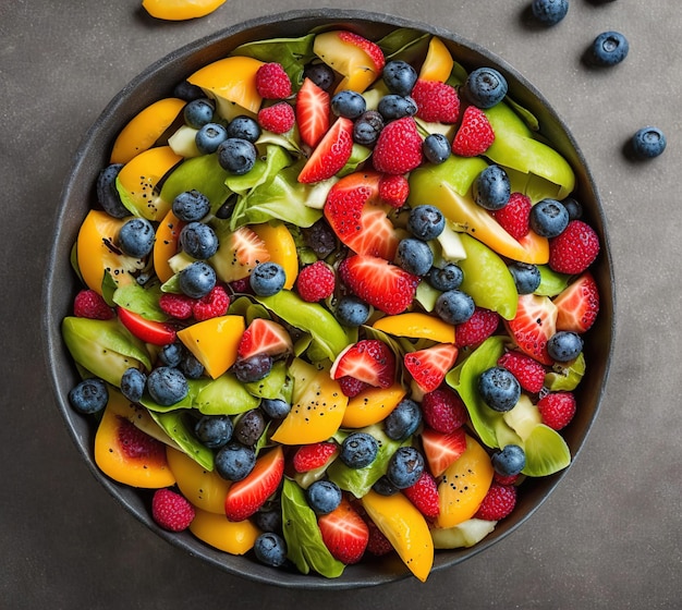 A bowl of fruit with blueberries and strawberries on it