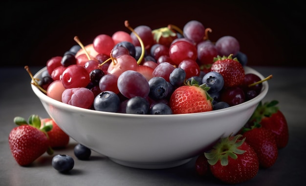 A bowl of fruit with blueberries and strawberries on the side