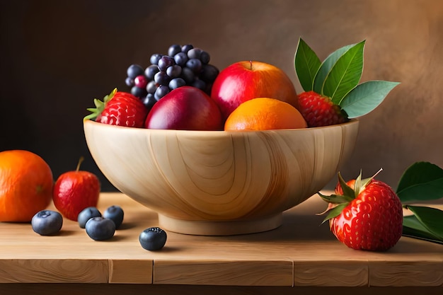 A bowl of fruit with blueberries and strawberries on a table