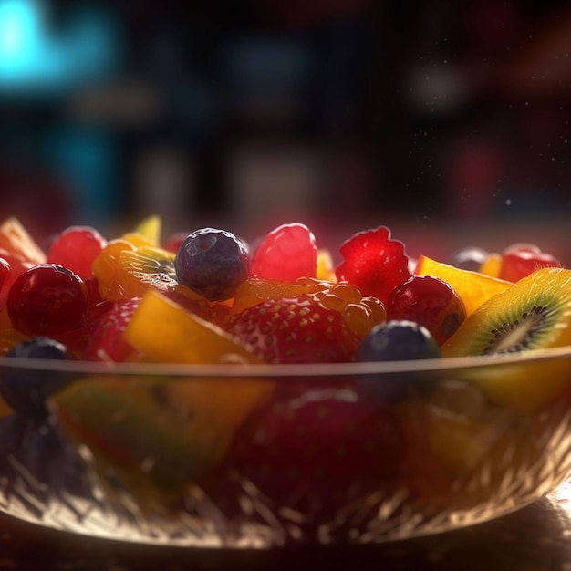 A bowl of fruit with a blueberry and kiwi on it.