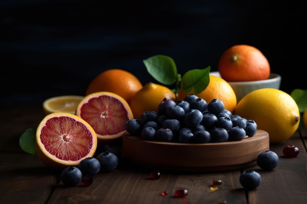 A bowl of fruit with a bowl of blueberries and oranges on it
