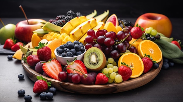 A bowl of fruit with a bowl of fruit on it