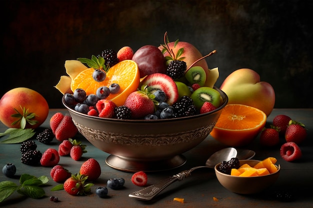 A bowl of fruit with a bowl of fruit on the table.