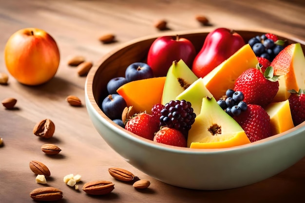 A bowl of fruit with a bowl of fruit on the table