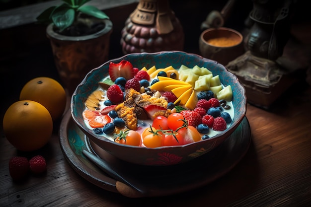 A bowl of fruit with a bowl of yogurt and a bowl of fruit.