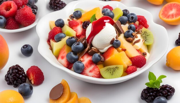 Photo a bowl of fruit with a chocolate ice cream and a strawberry ice cream