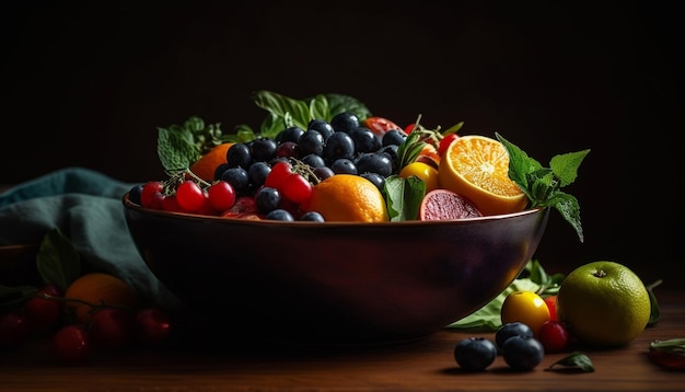 A bowl of fruit with a dark background