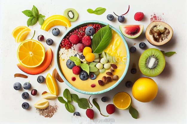 A bowl of fruit with different fruits on a table