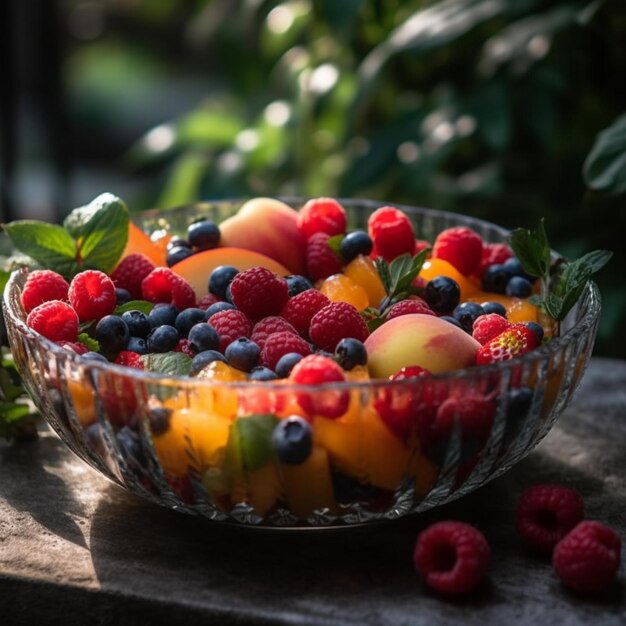 A bowl of fruit with a few berries on it