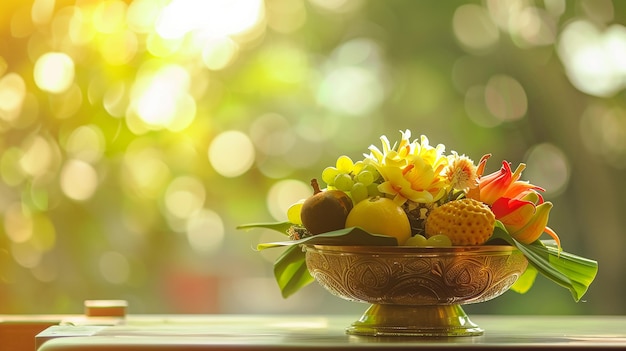 a bowl of fruit with a flower arrangement in the background Greetings for Vishu festival