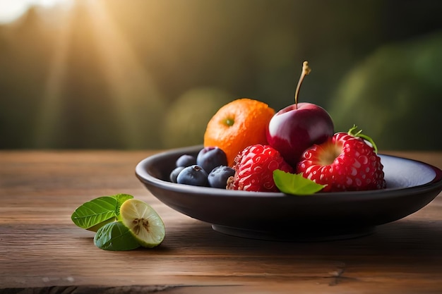 a bowl of fruit with a fruit on it and a strawberries and a strawberries in the background.