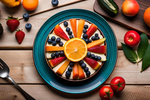 Photo a bowl of fruit with a fruit on the top.