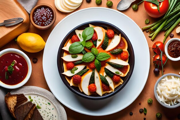 a bowl of fruit with a fruit and veggie on the table.