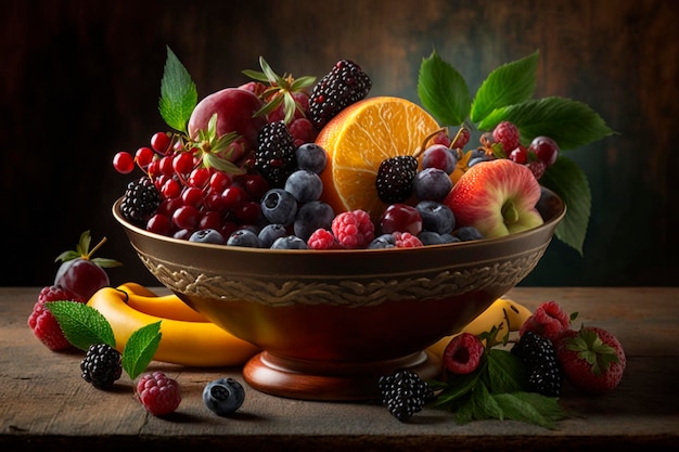 A bowl of fruit with fruits on it