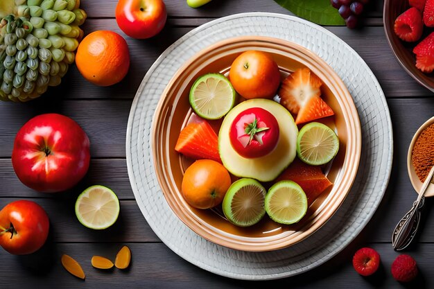 A bowl of fruit with fruits on a wooden table