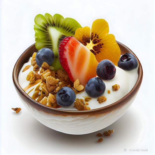 A bowl of fruit with granola and granola.