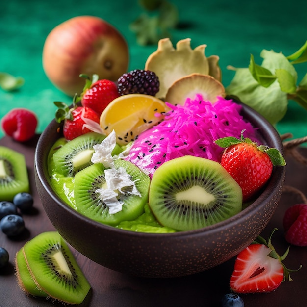 A bowl of fruit with a green background and a fruit salad on it.