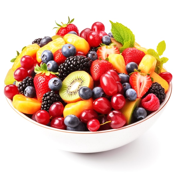 A bowl of fruit with a green leaf on it