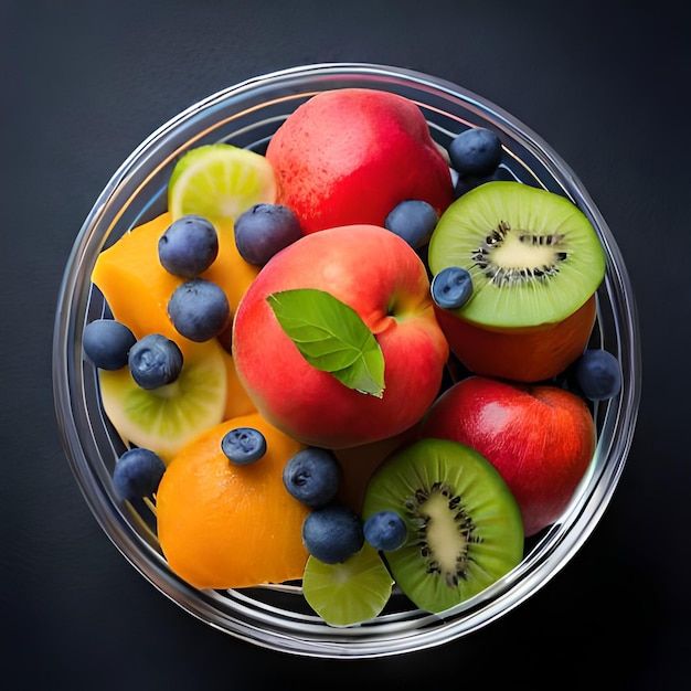 A bowl of fruit with a green leaf on it
