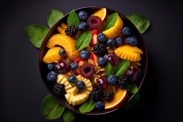 A bowl of fruit with a green leaf on it