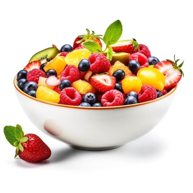 A bowl of fruit with a green leaf on the side