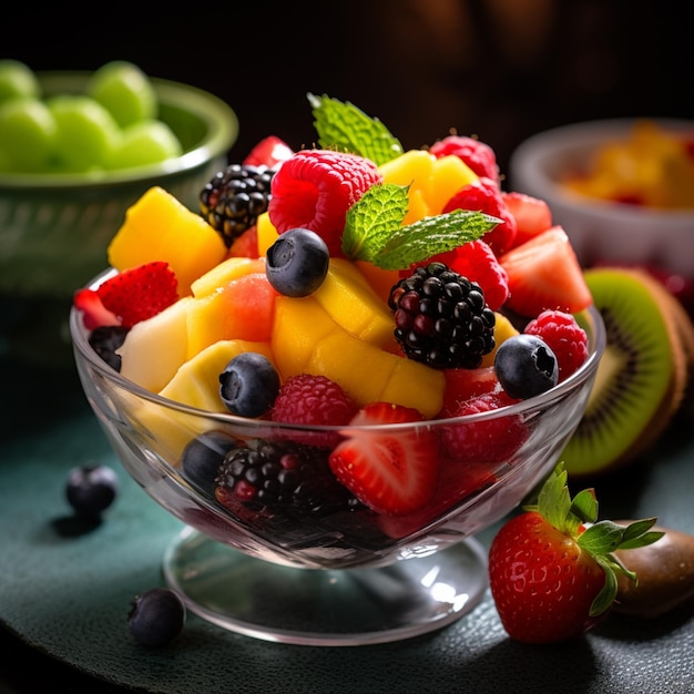 A bowl of fruit with a green leaf on the side